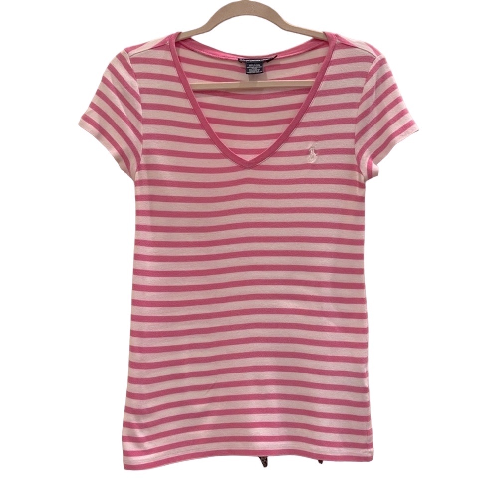 Ralph Lauren Sport V-Neck Tee Pink And White Stripes With A White Pony. Medium